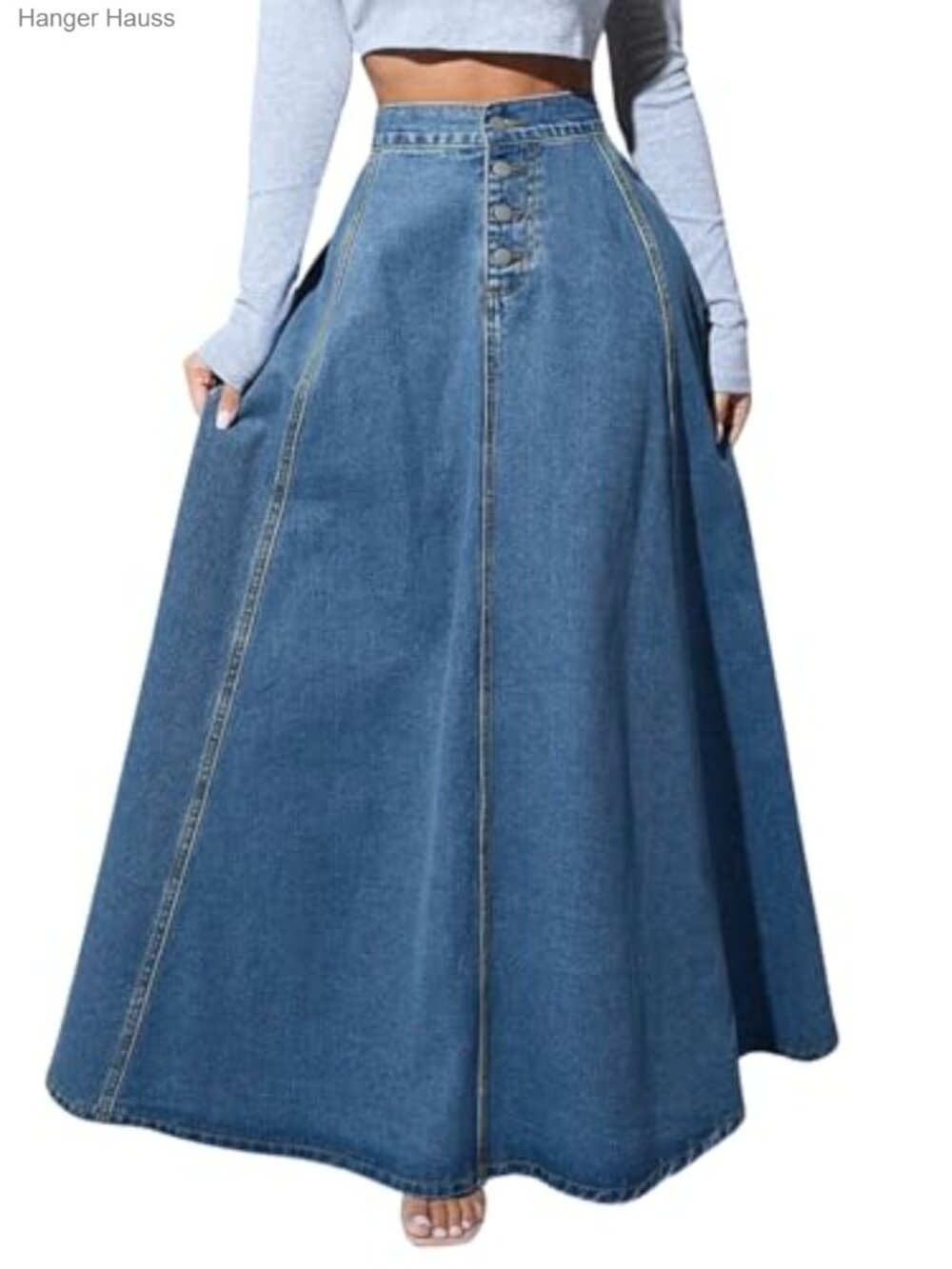 High Waisted Button Fly Flared Long Jean Skirt Pleated A-Line Maxi